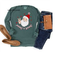 Retro Merry And Bright Christmas Shirt, Santa Shirt, Long Sleeve, Comfort Colors Shirt, Holiday Shirts, Christmas Crewne