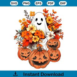 Vintage Floral Ghost Pumpkin PNG Sublimation Download