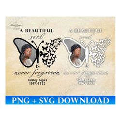 Butterfly Memorial Svg File For Cricut, Custom Photo Sympathy A Beautiful Soul Is Never Forgotten Svg, Angel Wings In Lo