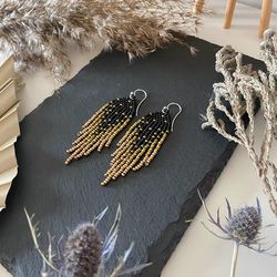 Black beaded earrings with golden ombre fringe, boho bohemian jewelry, Dangle modern earrings,  gift for her