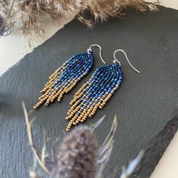 Navy blue beaded earrings with golden ombre fringe, boho bohemian jewelry, Dangle modern earrings,  gift for her