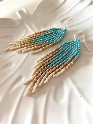 Blue beaded earrings with golden ombre fringe, boho bohemian jewelry, Dangle modern earrings,  gift for her