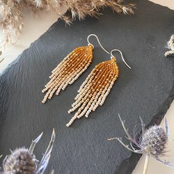 Burnt orange beaded earrings with golden ombre fringe, boho bohemian jewelry, Dangle modern earrings,  gift for her