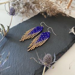 Royal blue beaded earrings with golden ombre fringe, boho bohemian jewelry, Dangle modern earrings,  gift for her