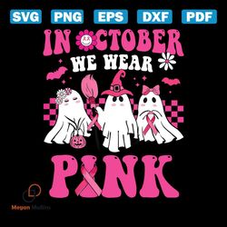 In October We Wear Pink Cute Ghost With Pink Ribbon PNG