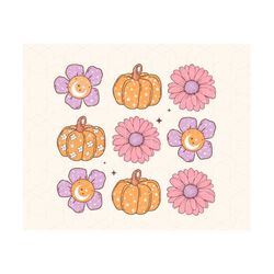 Pumpkin flower PNG, Pumpkins retro png, pumpkins with flowers png, pumpkins with daisies png, pumpkins groovy Png, fall