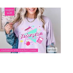 Custom Name Kindergarten Teacher Shirt, Pink Teacher Shirt, Comfort Colors Teacher Tshirt, 90s teacher shirt, Gift for T