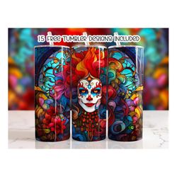 Halloween Clown Stained Glass Tumbler Wrap, 20 oz Skinny Tumbler Sublimation Design, Digital Download, Straight Wrap PNG