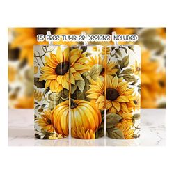 Fall Pumpkins Sunflower Tumbler Wrap, 20oz Sublimation Tumbler Designs, 20oz Skinny Tumbler, Digital Download PNG, Strai