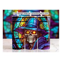Halloween Skull Stained Glass Tumbler Wrap, 20 oz Skinny Tumbler Sublimation Design, Digital Download, Straight Wrap PNG