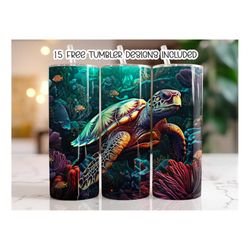 3D Colorful Sea Turtle Tumbler Wrap, 20 oz Skinny Tumbler Sublimation Design, Pink and Blue Straight Butterfly Tumbler W