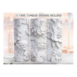3D White  Floral Tumbler Wrap, 20 oz Skinny Tumbler Sublimation Design, Floral Straight Tumbler Wrap, Digital Download P