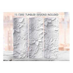 3D White  Floral Tumbler Wrap, 20 oz Skinny Tumbler Sublimation Design, Floral Straight Tumbler Wrap, Digital Download P