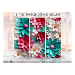 3D pink Teal Flowers 20 oz Skinny Tumbler Sublimation Design, Straight Floral Tumbler Wrap, Instant Digital Download PNG