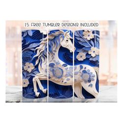 blue 3d horse tumbler wrap, 20 oz skinny tumbler sublimation design, floral straight tumbler wrap, png