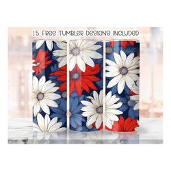 4th of July Patriotic Daisies 20 oz Skinny Tumbler Sublimation Design, Floral Red White Blue Daisy America Tumbler Wrap