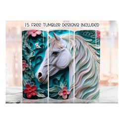 3d white teal horse tumbler wrap, 20 oz skinny tumbler sublimation design, floral straight tumbler wrap, png