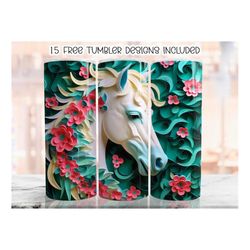 3D White Horse Tumbler Wrap, 20 oz Skinny Tumbler Sublimation Design, Floral Straight Tumbler Wrap, PNG