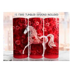 3d white red horse tumbler wrap, 20 oz skinny tumbler sublimation design, floral straight tumbler wrap, png
