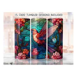 Hummingbird Flowers Stained Glass 20 oz Skinny Tumbler Sublimation Design, Digital Download PNG, Straight Skinny Tumbler