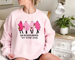 Breast Cancer Awareness Sweatshirt, On Wednesday We Wear Pink, Pink Ghost Halloween Shirt, Cancer Fighter, Cancer Awaren