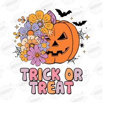Trick Or Treat Pumpkin png, Cute Halloween Pumpkin, Pumpkin With Flowers png, Halloween Sublimation Designs, Floral Hall