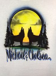 airbrush wolf couple howling at the moon personalized with name t-shirt size s m l xl 2xl custom airbrushed shirts, tayl