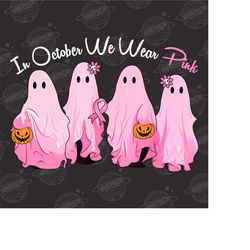 In October We Wear Pink Png, Breast Cancer Png, Cute Ghost With Pink Ribbon Png, Halloween Png, Breast Cancer Awareness