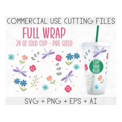 flowers and dragonfly full wrap, cold cup wrap, 24oz venti cold cup, svg full wrap, cold cup svg, tumbler wrap svg, cric