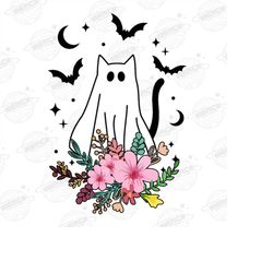 Retro Flower Halloween Boo Ghost Png, Retro Halloween Cat Png, Halloween Png Shirt, Halloween PNG Sublimation Digital Do