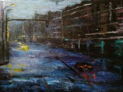 urban evening cityscape, acrylic hand painted art