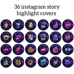 36 Neon Instagram Highlight Icons. Purple Instagram Highlights Images. Lifestyle Instagram Highlights Covers