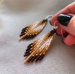Brown beige fringe beaded earrings - Small dangle earrings - Feather seed bead earrings - Native style earrings