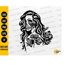 Floral Woman Skull SVG | Skeleton Girl Flowers SVG | Gothic T-Shirt Illustration | Cricut Silhouette Clip Art Vector Dig