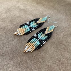 Black turquoise beaded fringe earrings with native print - Ethnic dangle earrings - Boho\bohemian\hippie\statement handc