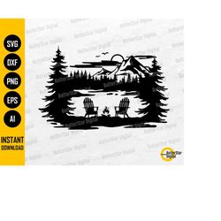 Lake Scene With Adirondack Chairs SVG | Campfire SVG | Camp DIY T-Shirt Sticker Mug Decal | Cut Files Clip Art Vector Di