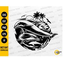 Dolphin Scene SVG | Tropical Island SVG | Beach T-Shirt Decals Stencil Graphics | Cricut Cutting Files Clipart Vector Di