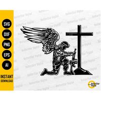 Angel Soldier Kneeling At Cross SVG | Army SVG | Dog Tag Rifle Lord God Crucifix | Cricut Silhouette Cuttable Clipart Di