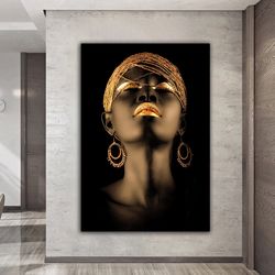 African Black Woman Canvas Painting, African Woman Wall Decor With Gold Icon Embroidery, Black Woman Wall Art