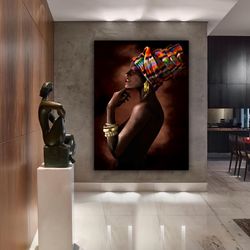African Girl Gold Glitter Canvas Painting, Ethnic Painting, Black Woman Painting, African Woman Wall Art, Gold And Black