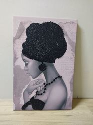 african woman black glitter embroidered canvas painting, woman with black hat canvas painting, african woman wall decor,