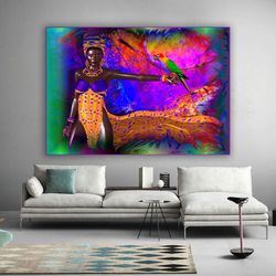Black Women's Canvas Painting With Gold Dress, Ethnic Women's Paintimg, African Women's Wall Decor, Ethnic Woman Art-1