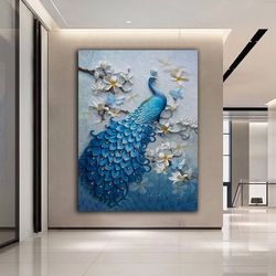 Blue Peacocks Canvas Painting, Silver Glitter Textured Peacock Wall Decor, Peacock Canvas Painting-1