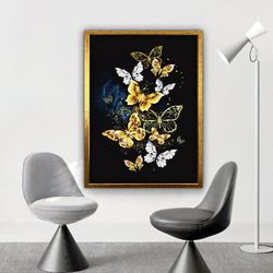 Golden Butterflies Canvas, Gold Glitter Textured Butterfly Canvas Painting, Flying Butterfly Print, Butterfly Home Decor