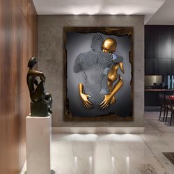Love Couples Bronze And Silver Canvas Painting, Bedroom Sexy Model Canvas Painting, Love Couples Wall Decor-1