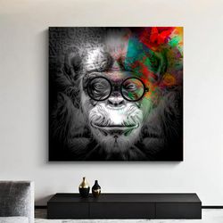 monkey colorful glasses canvas art, drawing effect wall decor, innocent monkey poster, funny canvas art, animals canvas