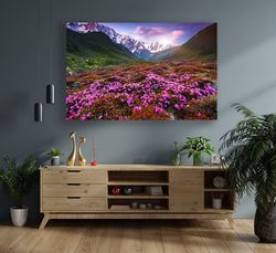 mountain and flowers canvas, snowy mountain landscape, nature canvas painting, mountain flowers landscape decor