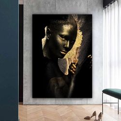 African Woman Gold Glitter Canvas Painting, Ethnic Painting, Black Woman Painting, African Woman Wall Art, Gold And Blac