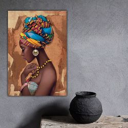 African Women's Canvas Wall Art With Gold Dress, Ethnic Women's Paintimg, African Women's Wall Decor, Glitter Textured C