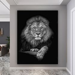 Black White Lion Portrait Canvas Wall Art, Lion On Black Background Wall Art, Black White Canvas Wall Print, Lion Room D